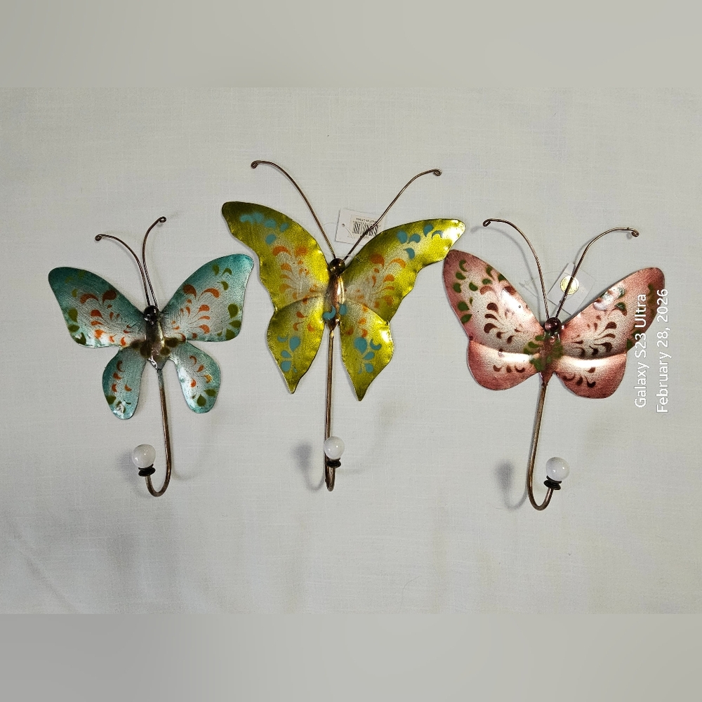Set of 3 Hanging Painted Butterflies with Hooks Metal Wall Decor Home or Patio